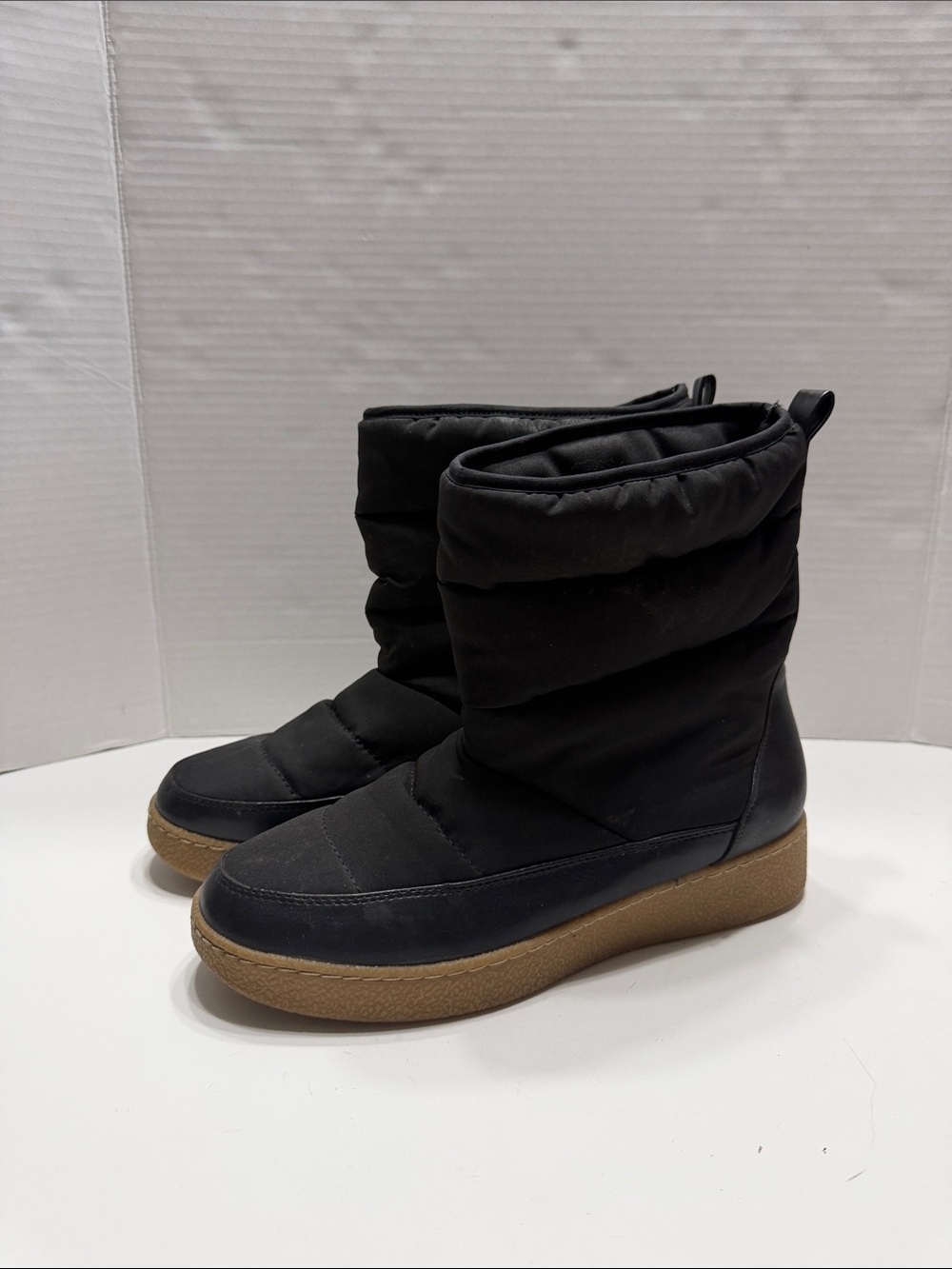 a new day Black Quilted Winter Pull-On Boots with Tan Sole